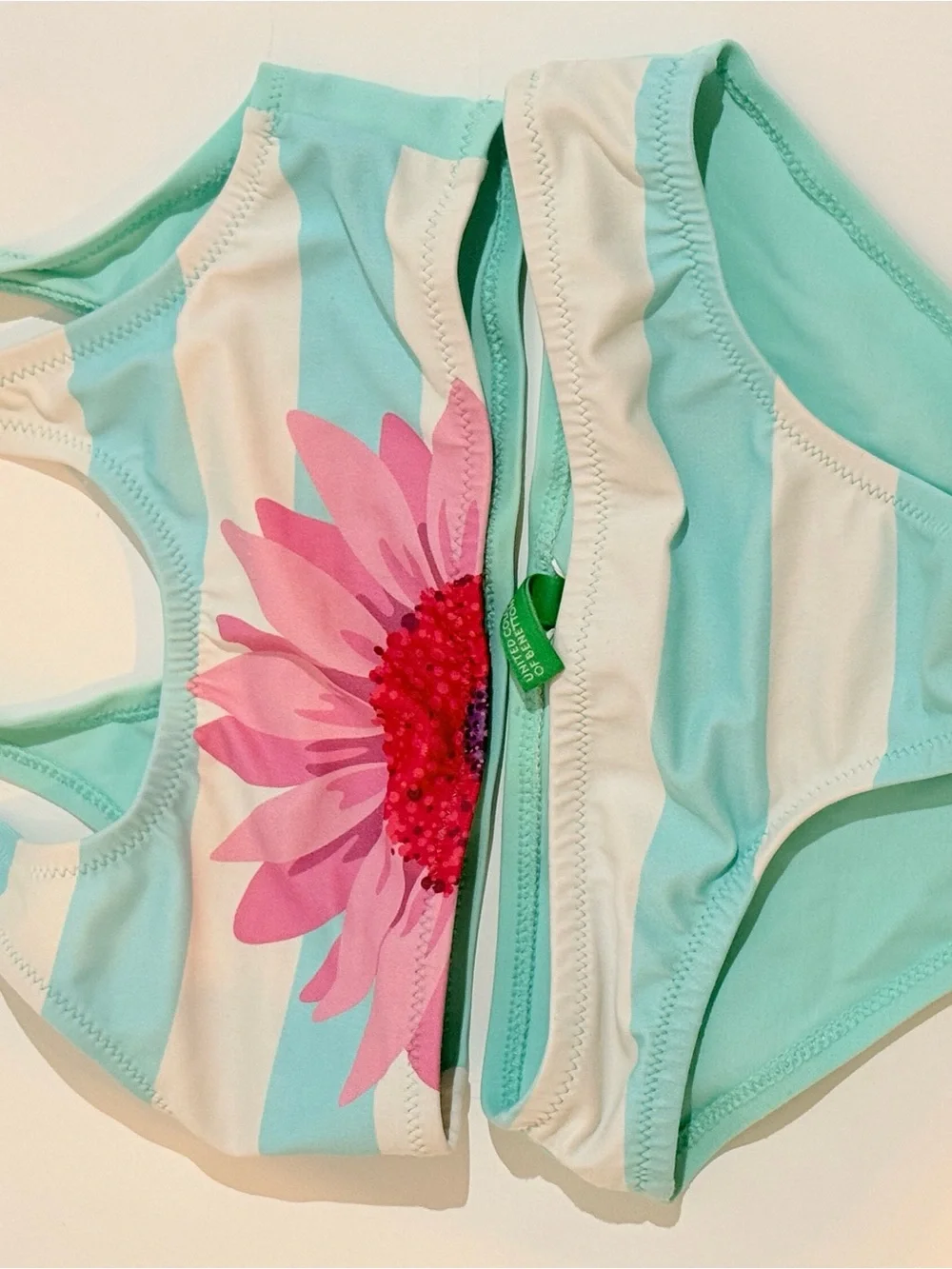 Benetton Girls Aqua White Striped Two-Piece Swimsuit with Pink Flower Size 5/6